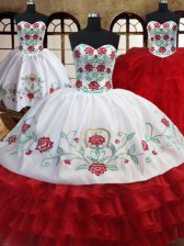 High Quality Three Piece Ruffled Ball Gowns Quinceanera Dress White and Red Sweetheart Organza Sleeveless Floor Length Lace Up