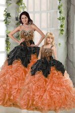  Orange Red Ball Gowns Beading and Ruffles 15th Birthday Dress Lace Up Organza Sleeveless Floor Length
