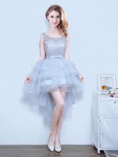  Scoop Sleeveless Quinceanera Court Dresses Mini Length Lace and Ruffled Layers and Bowknot Grey Organza