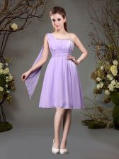  One Shoulder Lavender Sleeveless Mini Length Beading and Ruching Zipper Court Dresses for Sweet 16