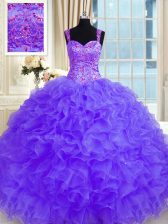 Fabulous Floor Length Lace Up Quinceanera Dresses Purple for Military Ball and Sweet 16 and Quinceanera with Beading and Embroidery and Ruffles