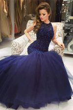 Designer Mermaid Tulle Scoop Sleeveless Backless Beading Prom Dresses in Navy Blue