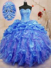 Admirable Blue Organza Lace Up Quinceanera Dress Sleeveless Floor Length Beading and Ruffles