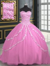  Rose Pink Lace Up Quinceanera Dress Beading and Appliques Sleeveless With Brush Train