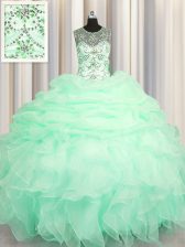  See Through Apple Green Ball Gowns Scoop Sleeveless Organza Floor Length Lace Up Beading and Ruffles and Pick Ups Quinceanera Dresses