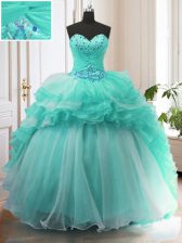Dazzling With Train Turquoise Vestidos de Quinceanera Organza Sweep Train Sleeveless Beading and Ruffles