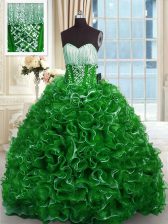 Super Organza Sweetheart Sleeveless Brush Train Lace Up Beading and Ruffles 15th Birthday Dress in Green