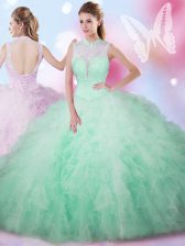 Pretty Apple Green Ball Gowns High-neck Sleeveless Tulle Floor Length Lace Up Beading and Ruffles 15th Birthday Dress