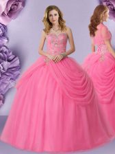  Rose Pink Ball Gowns Sweetheart Sleeveless Tulle Floor Length Lace Up Beading and Pick Ups Sweet 16 Dresses