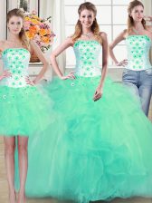 Extravagant Three Piece Ball Gowns Vestidos de Quinceanera Turquoise Strapless Tulle Sleeveless Floor Length Lace Up
