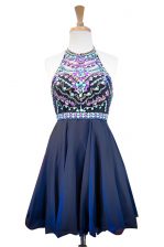 Ideal Navy Blue A-line Halter Top Sleeveless Chiffon Mini Length Side Zipper Beading Prom Gown