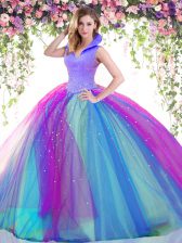  Multi-color Satin and Tulle Backless Quinceanera Gown Sleeveless Floor Length Beading