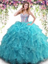 High End Beading and Ruffles Quinceanera Gown Aqua Blue Lace Up Sleeveless Floor Length