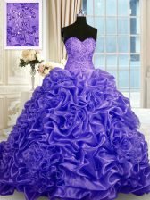  Organza Sweetheart Sleeveless Sweep Train Lace Up Beading and Pick Ups Quinceanera Gown in Purple