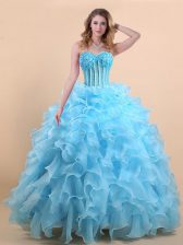 Sexy A-line Sweet 16 Dress Blue Sweetheart Organza Sleeveless Floor Length Lace Up