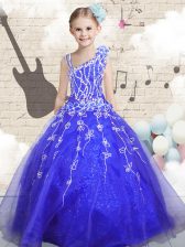 Stylish Ball Gowns Little Girl Pageant Gowns Blue Asymmetric Organza Sleeveless Floor Length Lace Up
