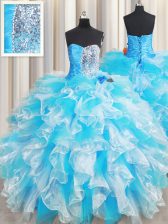 Blue And White Sweetheart Neckline Ruffles and Sequins Ball Gown Prom Dress Sleeveless Lace Up