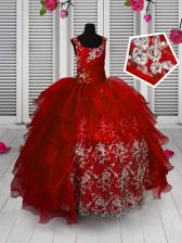  Ruffled Red Sleeveless Organza Lace Up Kids Formal Wear for Party and Wedding Party