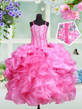  Straps Rose Pink Sleeveless Beading and Ruffles and Pick Ups Floor Length Little Girl Pageant Dress
