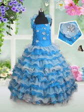  Ruffled Straps Sleeveless Lace Up Child Pageant Dress Baby Blue Organza