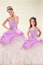 Popular Lilac Organza and Taffeta Lace Up Quinceanera Gowns Sleeveless Floor Length Beading and Ruffled Layers and Hand Made Flower