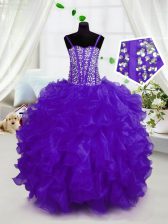  Purple Spaghetti Straps Neckline Beading and Ruffles Little Girl Pageant Gowns Sleeveless Lace Up