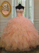  Floor Length Peach 15th Birthday Dress Sweetheart Sleeveless Lace Up