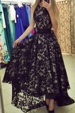 Unique Scoop Sleeveless Chiffon With Brush Train Zipper Prom Gown in Black with Lace