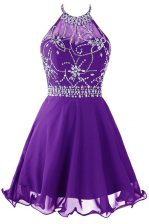 Flirting Halter Top Purple Sleeveless Organza Zipper Dress for Prom for Prom and Party