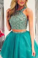  Scoop Beading Prom Dresses Turquoise Zipper Sleeveless Knee Length