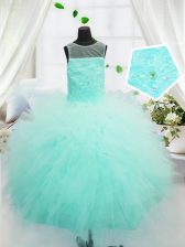  Scoop Sleeveless Tulle Floor Length Zipper Teens Party Dress in Aqua Blue with Beading and Appliques