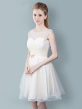  Scoop Champagne Sleeveless Ruching and Bowknot Knee Length Quinceanera Court of Honor Dress