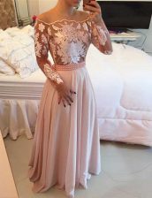  Scoop Chiffon Long Sleeves Floor Length Prom Evening Gown and Beading and Appliques and Sashes ribbons