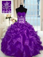 Nice Purple Organza Lace Up Quinceanera Dress Sleeveless Floor Length Beading and Appliques and Ruffles