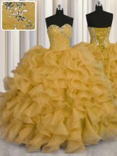 Captivating Gold Ball Gowns Sweetheart Sleeveless Organza Floor Length Lace Up Beading and Ruffles Vestidos de Quinceanera
