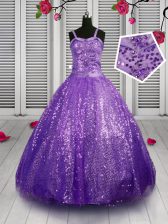  Lavender Ball Gowns Straps Sleeveless Sequined Floor Length Lace Up Sequins Little Girl Pageant Gowns