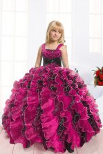 Hot Selling Black and Hot Pink Ball Gowns Organza Straps Sleeveless Beading and Ruffles Floor Length Lace Up Kids Pageant Dress