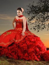  With Train Ball Gowns Sleeveless Red Ball Gown Prom Dress Brush Train Lace Up