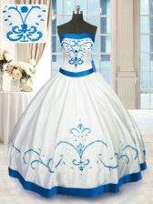 Artistic White Satin Lace Up Strapless Sleeveless Floor Length Quinceanera Gown Beading and Embroidery