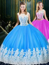 Adorable Scoop Sleeveless Tulle Floor Length Zipper Sweet 16 Dress in Baby Blue with Lace and Appliques