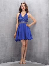 Sweet Royal Blue A-line Chiffon V-neck Sleeveless Beading and Belt Mini Length Backless Evening Dress