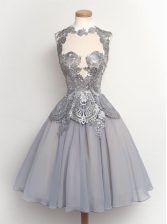  Scalloped Grey Zipper Prom Gown Appliques Cap Sleeves Knee Length