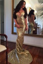 Luxurious Mermaid Gold Backless Dress for Prom Sequins Sleeveless With Train Sweep Train