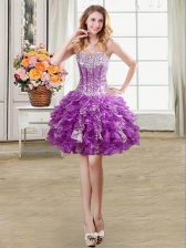  Mini Length Eggplant Purple Prom Party Dress Organza Sleeveless Beading and Sequins