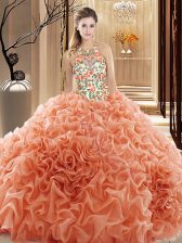  Peach High-neck Backless Embroidery and Ruffles 15th Birthday Dress Court Train Sleeveless