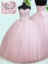  Sleeveless Floor Length Beading Lace Up Vestidos de Quinceanera with Baby Pink