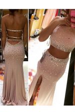 Traditional Scoop Sleeveless Chiffon Brush Train Backless Dress for Prom in Pink with Beading