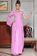 Glamorous V-neck Long Sleeves Dress for Prom Ankle Length Beading and Ruching and Pattern Lilac Chiffon