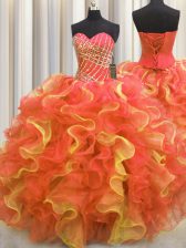 Artistic Sweetheart Sleeveless Sweet 16 Dress Floor Length Beading and Ruffles Multi-color Organza