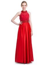 Ideal Taffeta Halter Top Sleeveless Zipper Beading Dress for Prom in Red